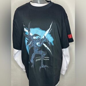 Black Graphic Dragon Print Men's Shirt - Blue Accent